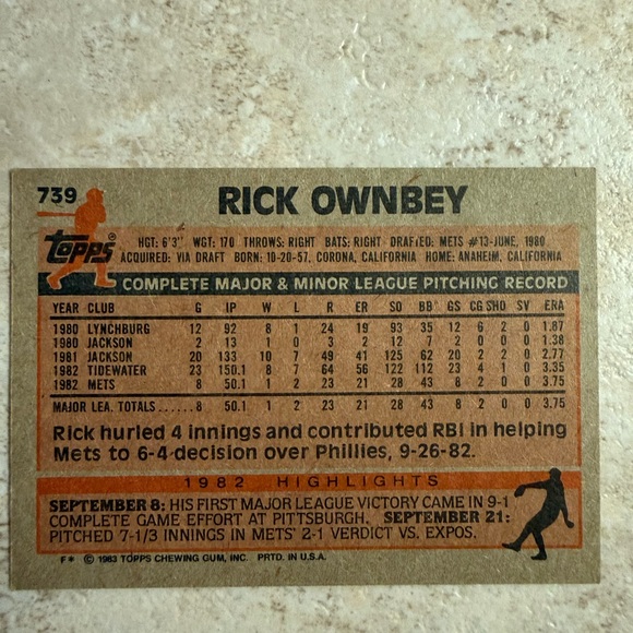 Topps Rick Ownbey Baseball Card with Orange and Black Accents - Picture 2 of 2